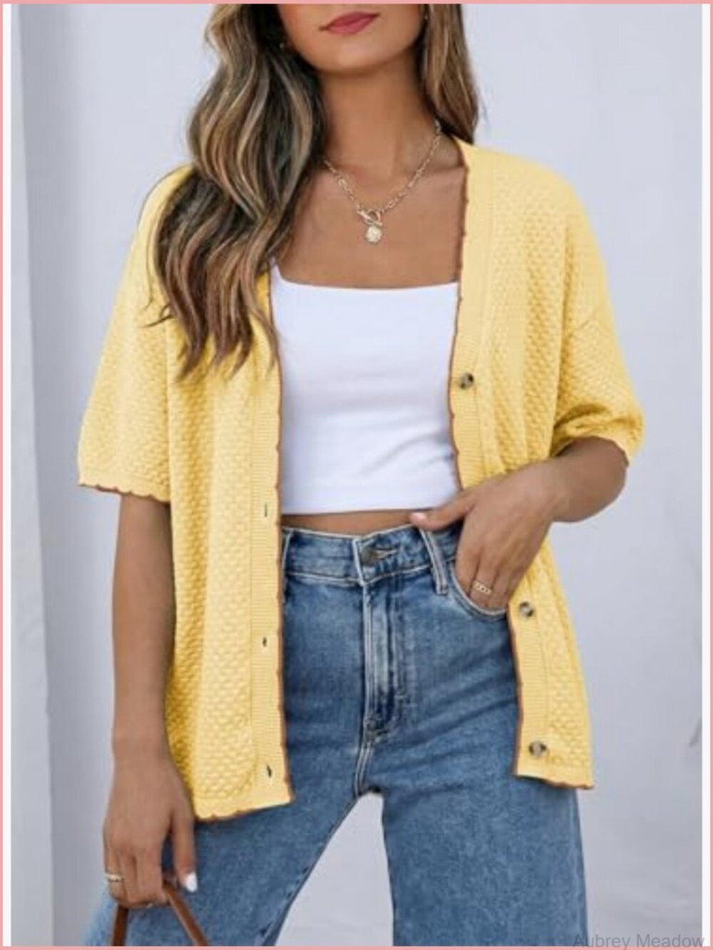 Textured Knit V-Neck Button Down Cardigan - Short Sleeve Cotton Top - Picture 3 of 7